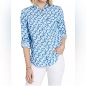 Women’s 100% Luxury linen button down blouse SMALL geometric blues bird print